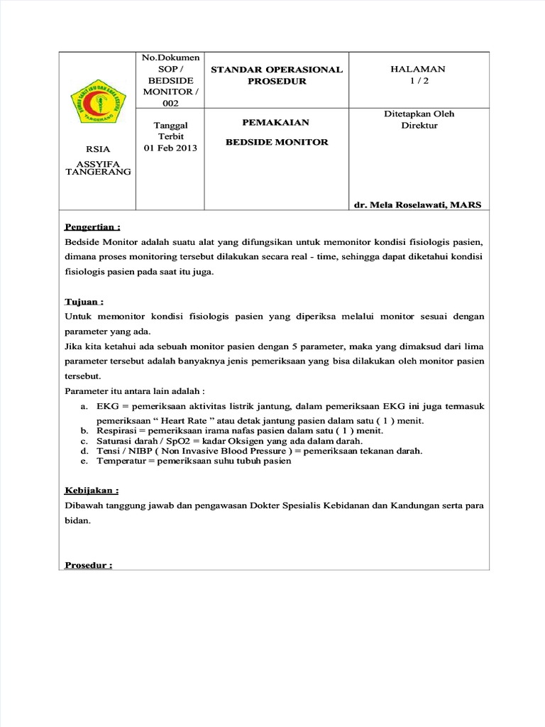 SOP Penggunaan Bedside Monitor | PDF