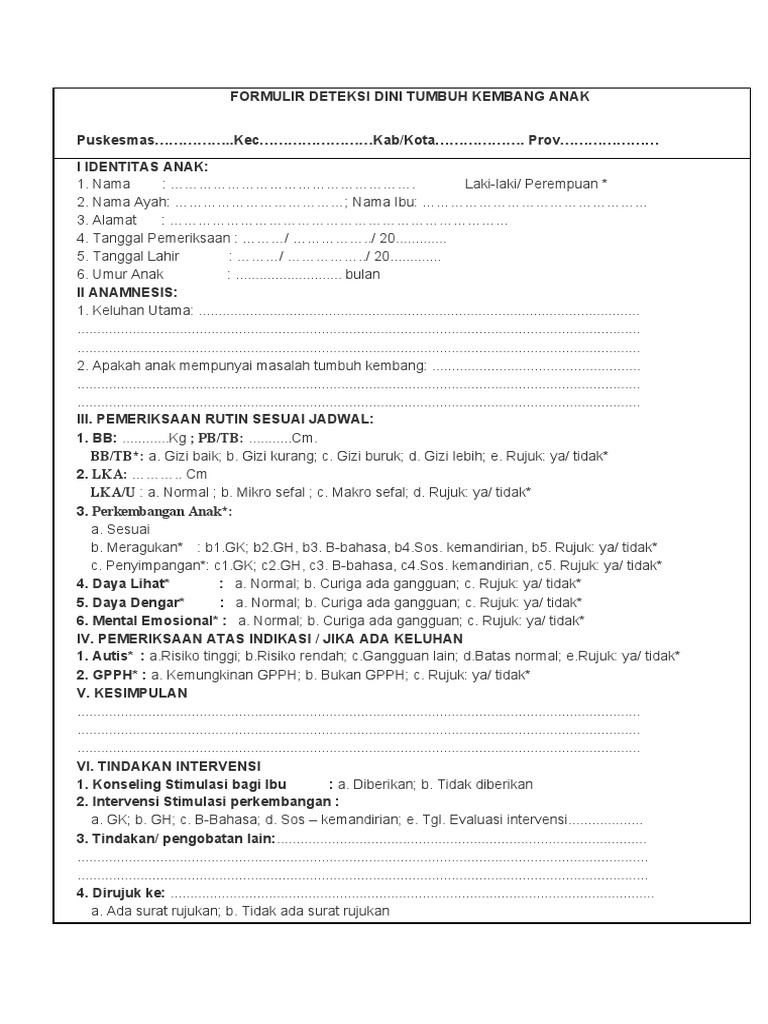 Formulir Deteksi Dini Tumbuh Kembang Anak Pdf