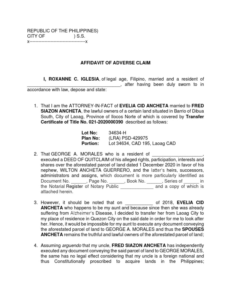 Affidavit of Adverse Claim on Land | PDF | Affidavit | Private Law