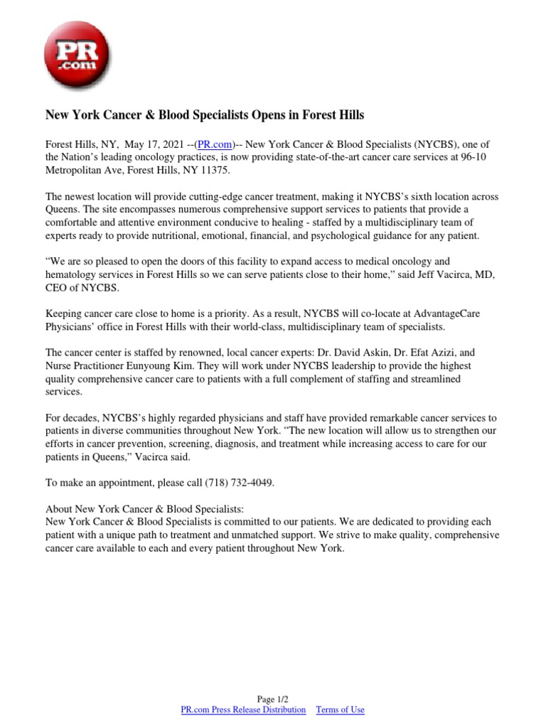 New York Cancer & Blood Specialists Opens in Forest Hills PDF Oncology Physician