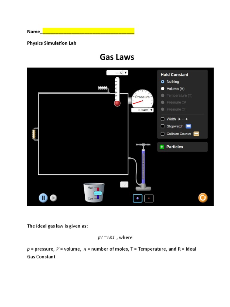 Gas Laws Phet Lab 2021 PDF Gases Temperature
