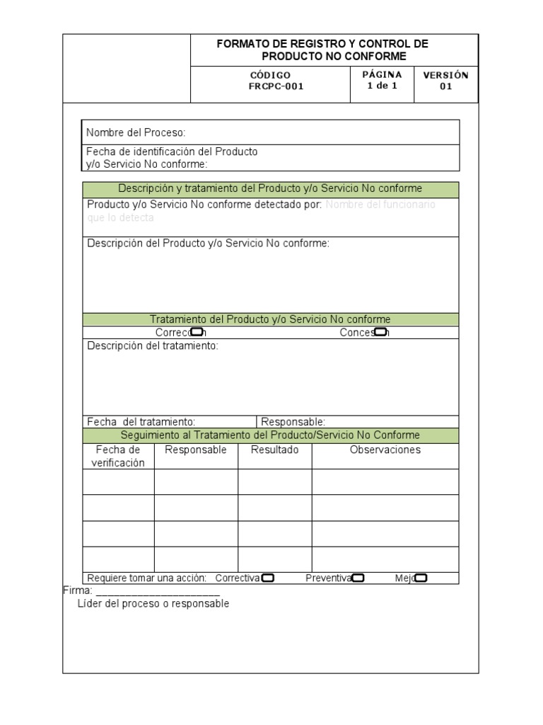 7.2. Formato de Registro y Control de Producto No Conforme | PDF ...