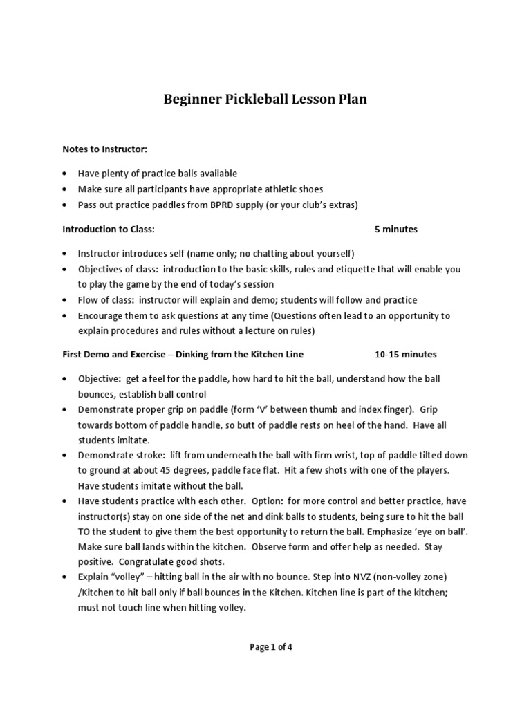 Pickleball Beginner Lesson Plan PDF Sports