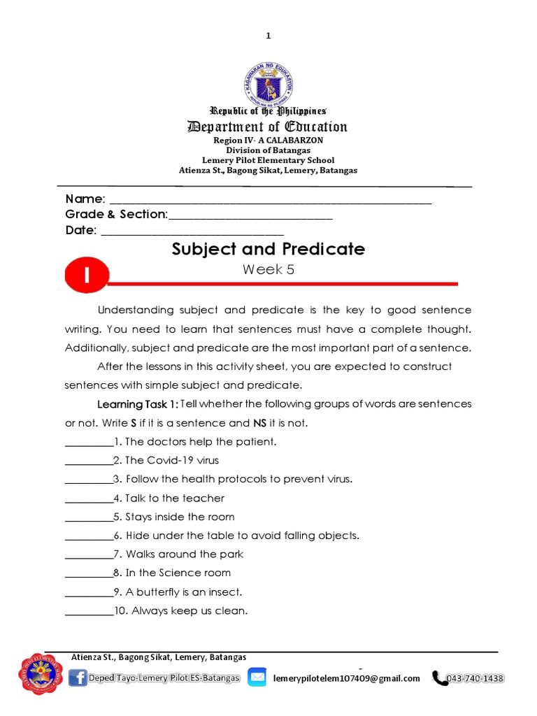 QUARTER 3 ACTIVITY SHEETS IN ENGLISH Week 5 PDF Subject (Grammar