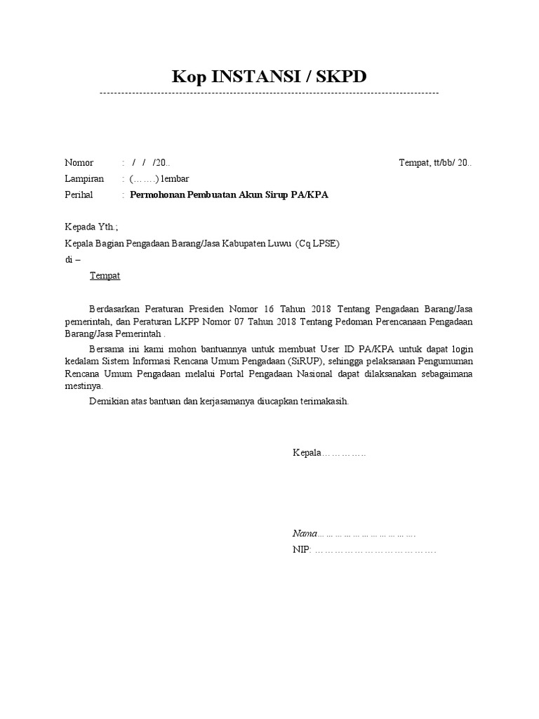 Permohonan Akun SiRUP PA/KPA | PDF | Bisnis