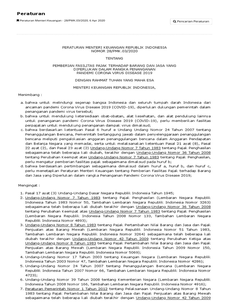 Peraturan Mengenai PMK No 28 Tahun 2020 TTNG PPH PS 21,22, 23 Dan PPN