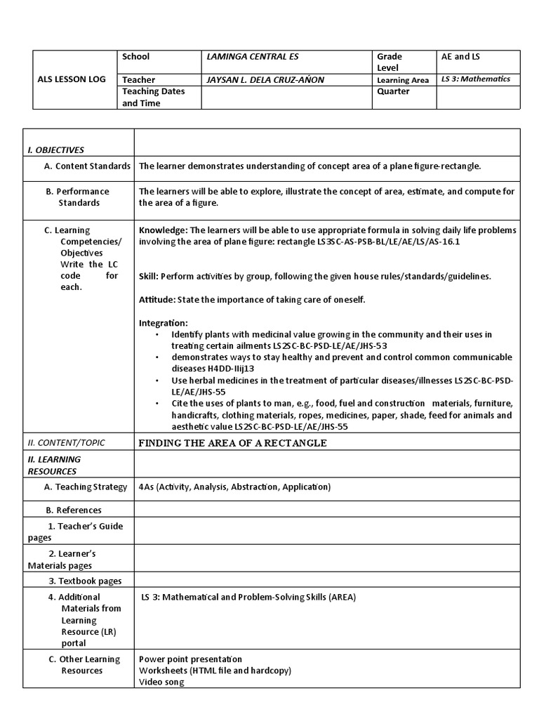 Area of a Rectangle Lesson Plan | PDF | Area | Length
