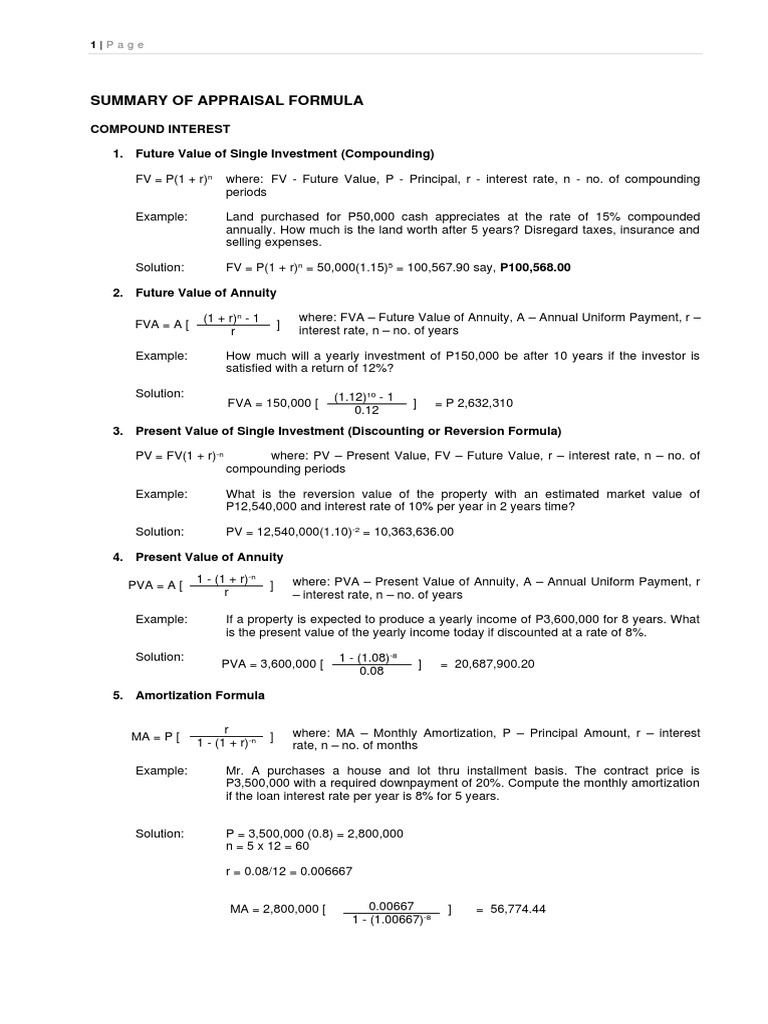 Summary of Appraisal Formula | PDF | Time Value Of Money | Mean