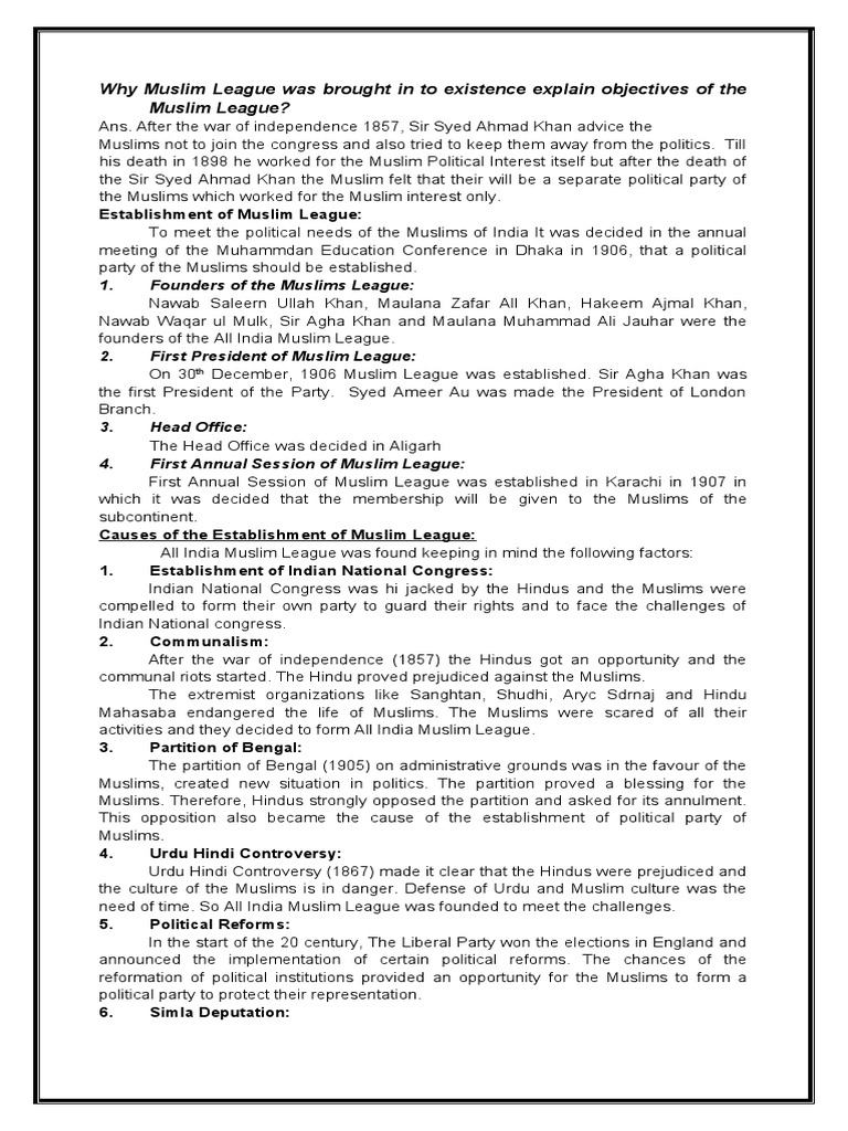 Objectives and Formation of Muslim League | PDF | All India Muslim ...