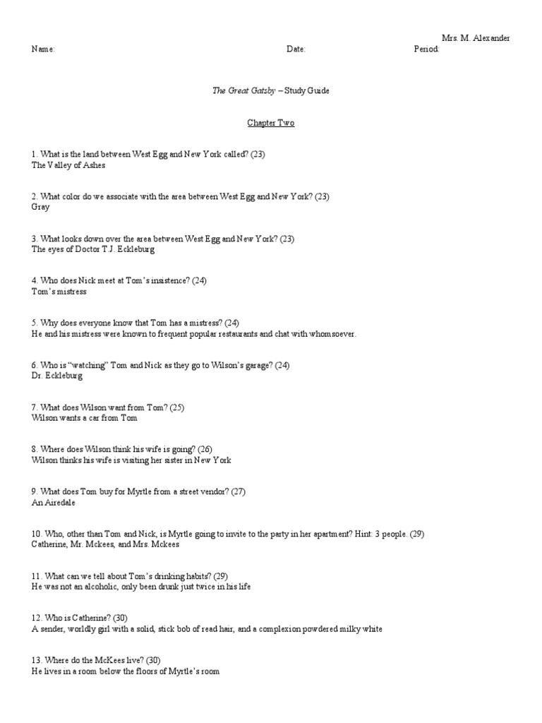 Gatsby Study Guide Chapter Two Pdf The Great Gatsby