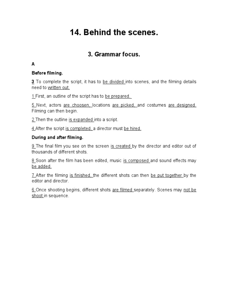 Behind The Scenes.: 3. Grammar Focus | PDF | Film Director | Screenplay