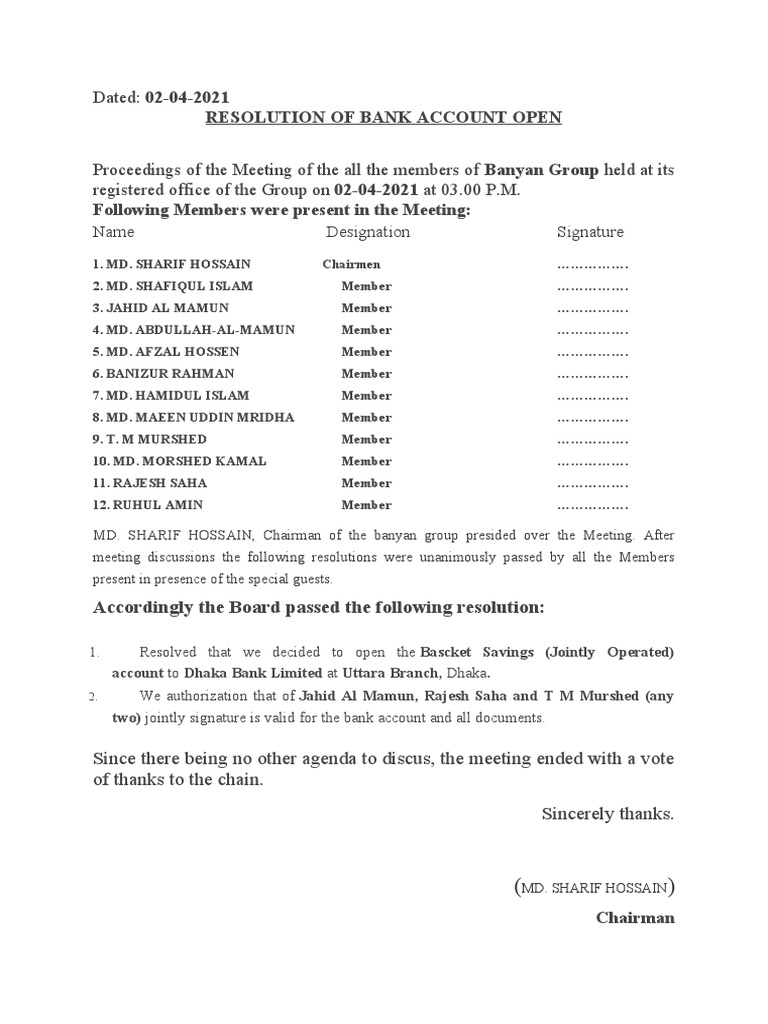 Resolution to Open Bank Account | PDF