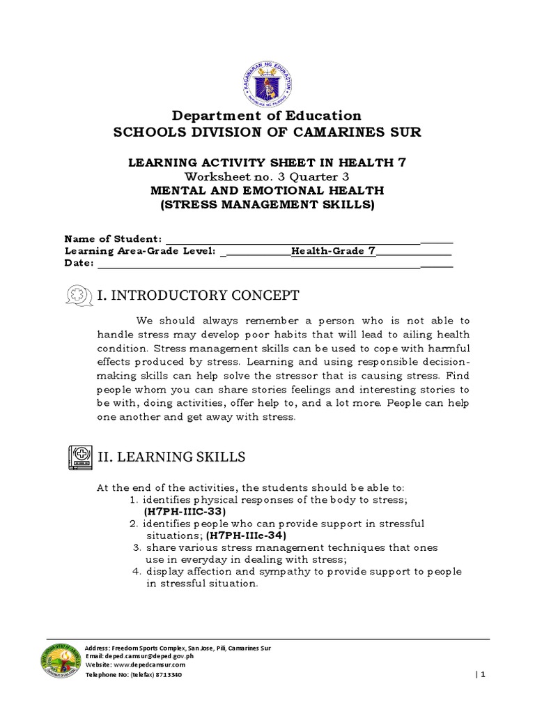 Health 7 Stress Management Worksheet | PDF | Stress Management | Stress ...