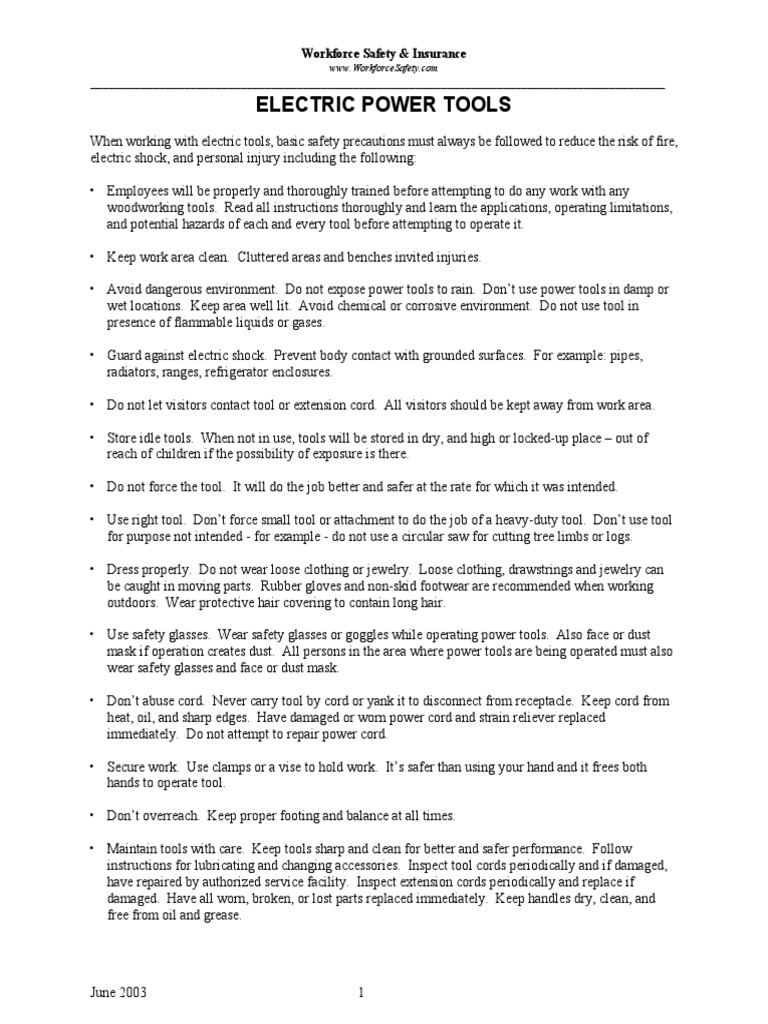 Electric Power Tools Workforce Safety & Insurance PDF Tools Clothing