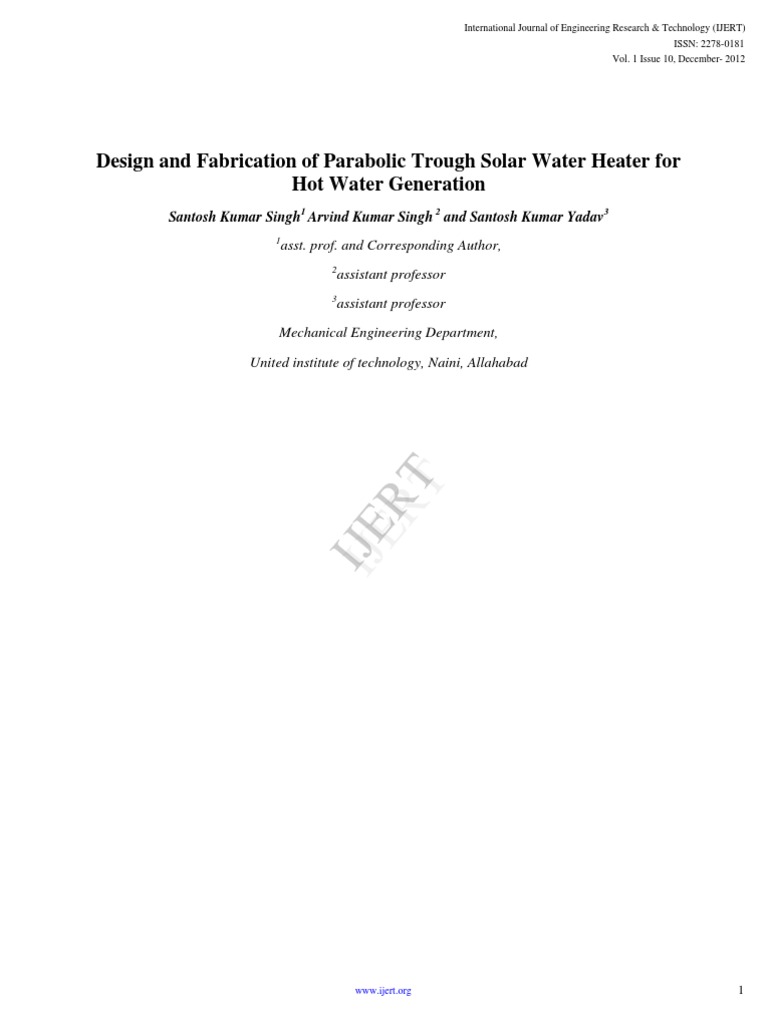 Design and Fabrication of Parabolic Trough Solar Water Heater For Hot ...