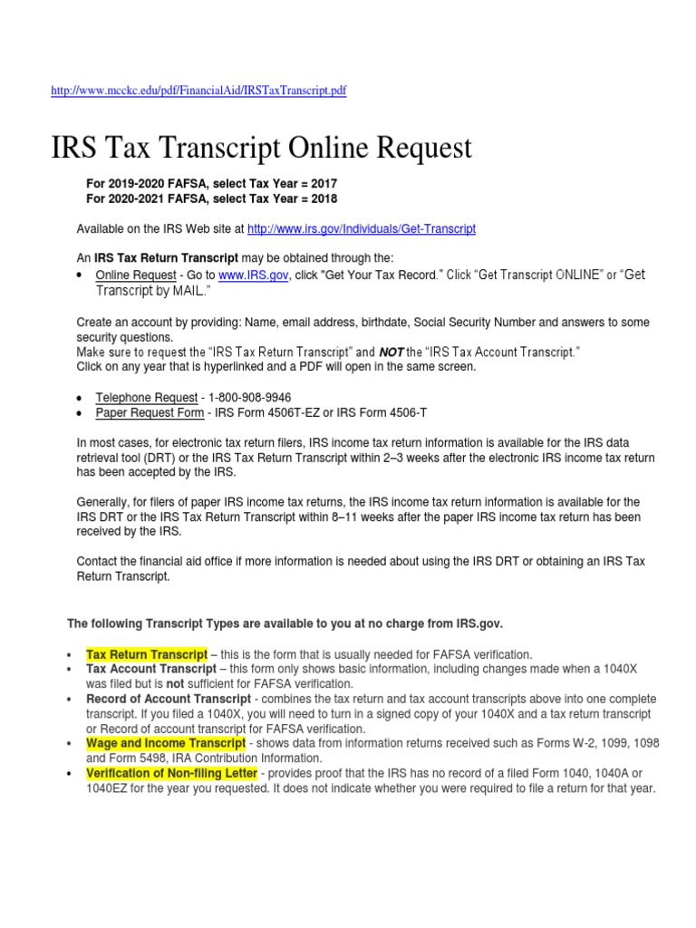 A Comprehensive Guide to Requesting IRS Tax Transcripts for FAFSA Verification PDF Irs Tax