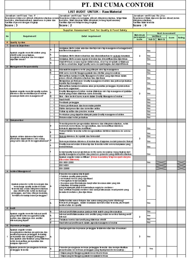 Form Checklist Audit Supplier With Score | PDF