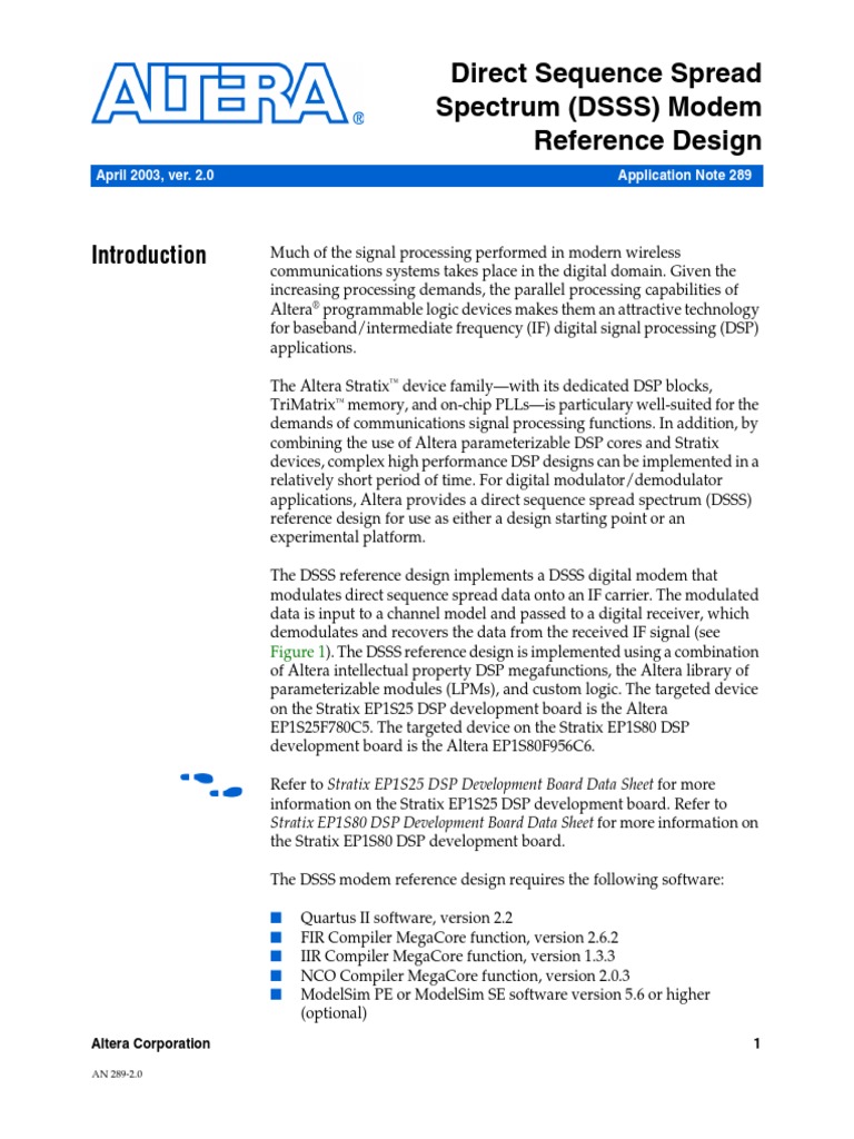 Altera. Direct Sequence Spread Spectrum (DSSS) Modem Reference Design ...
