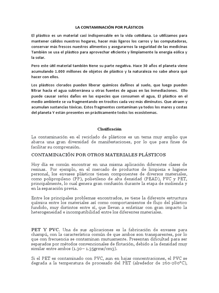 Problemas de la Contaminación por Plásticos | PDF | El plastico ...