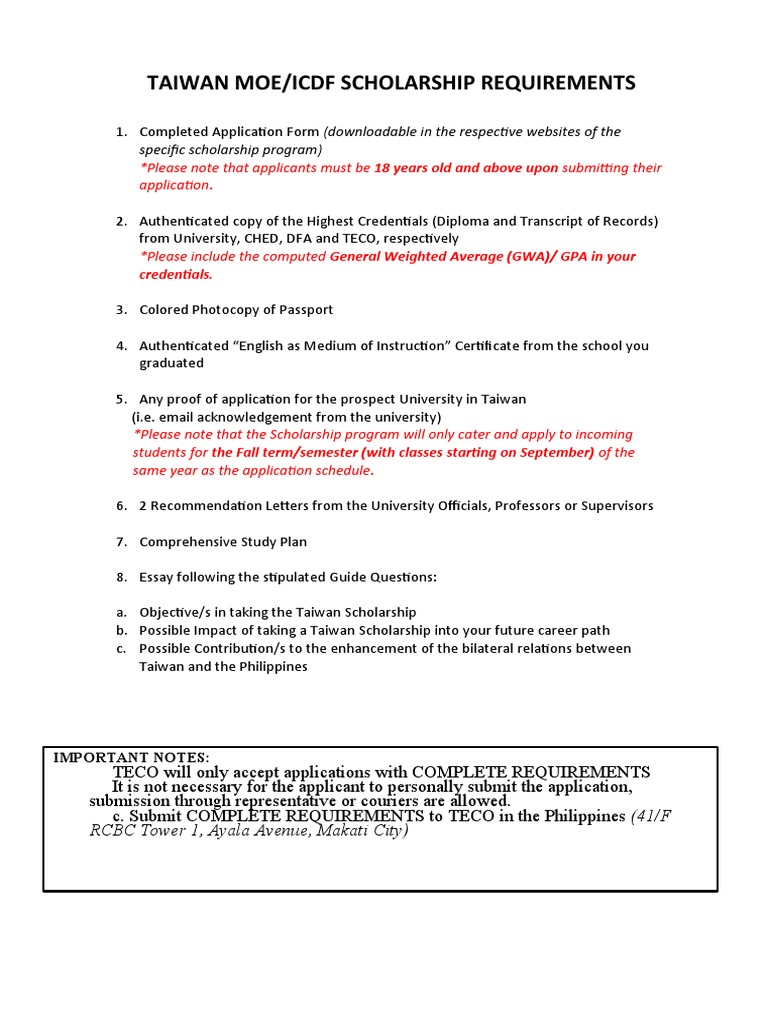 Taiwan Moe/Icdf Scholarship Requirements PDF