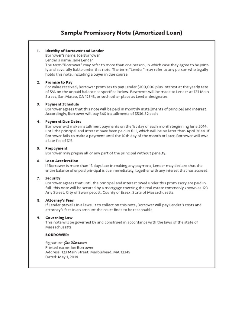 Sample Promissory Note (Amortized Loan) : Joe Borrower | PDF | Finance ...
