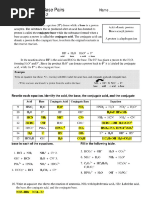 Conjugate Acid Base Pairs: Name - Chem Worksheet 19-2 | PDF | Acid |  Materials