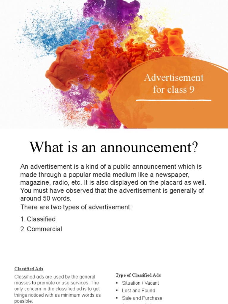 Advertisement For Class 9 | PDF | Classified Advertising | Advertising