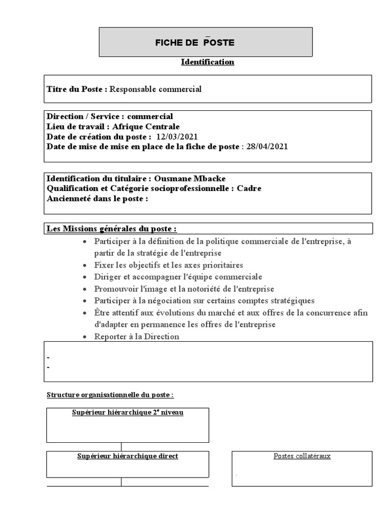 Fiche de Poste : Responsable Commercial | PDF