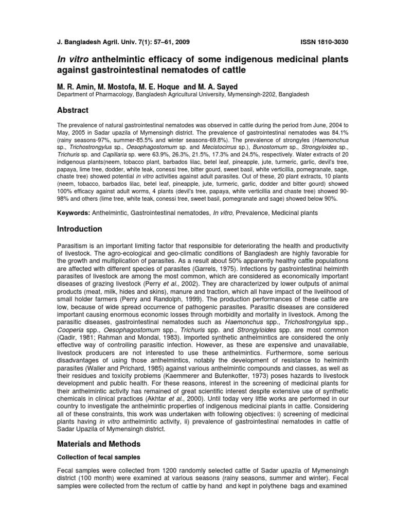 Anthelmintic Efficacy of Medicinal Plants | PDF | Livestock | Filtration