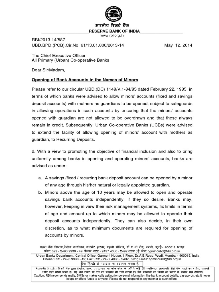 RBI Guidelines for Minor Bank Accounts | PDF | Reserve Bank Of India ...