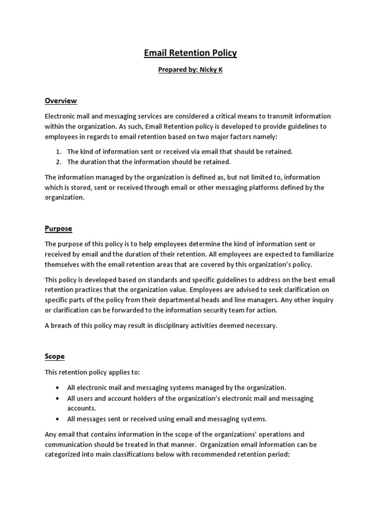 Email Retention Policy PDF Information Security Information