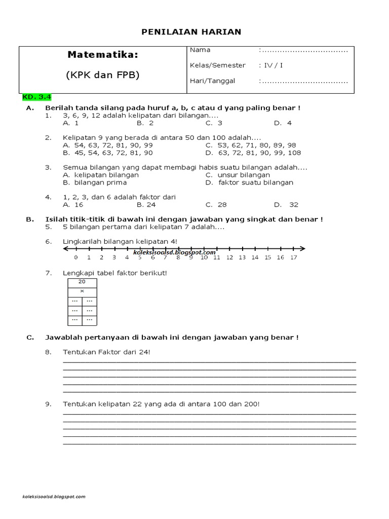 Soal KPK dan FPB Kelas 4 SD | PDF
