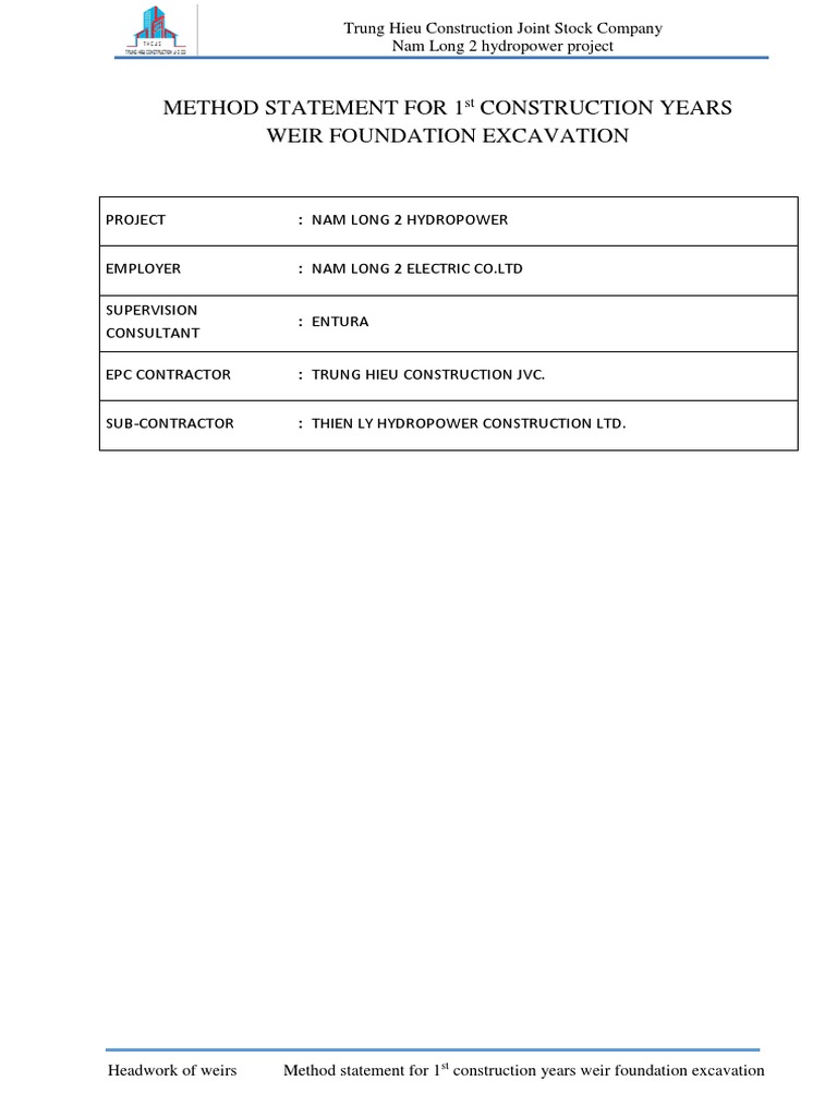 Weir Foundation Excavation Method Statement | PDF | Surveying | Safety