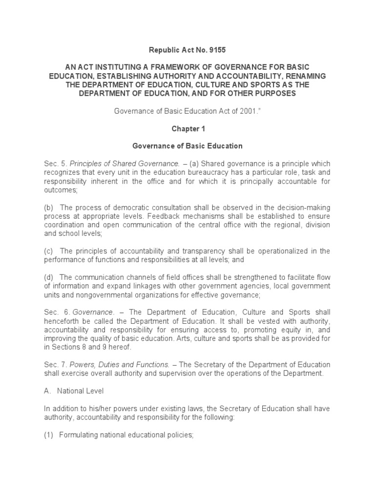 Governance of Basic Education Ra 9155 1 | PDF | Governance | Teachers