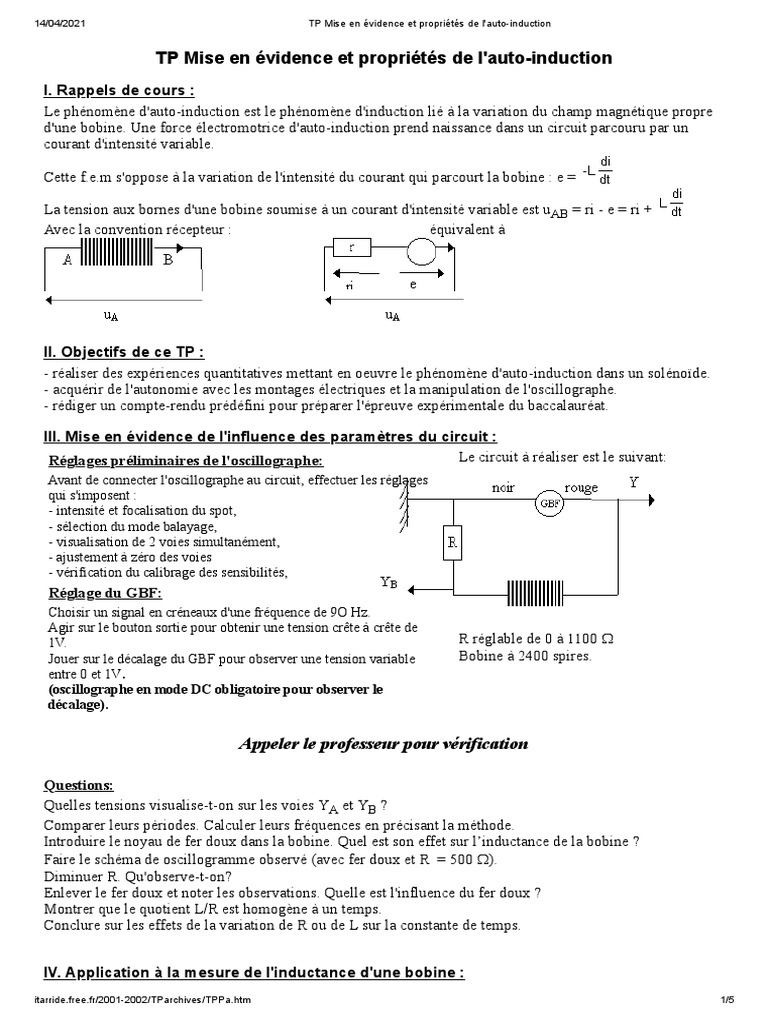 TP Mise en Évidence Et Propriétés de L'auto-Induction | PDF | Induction ...