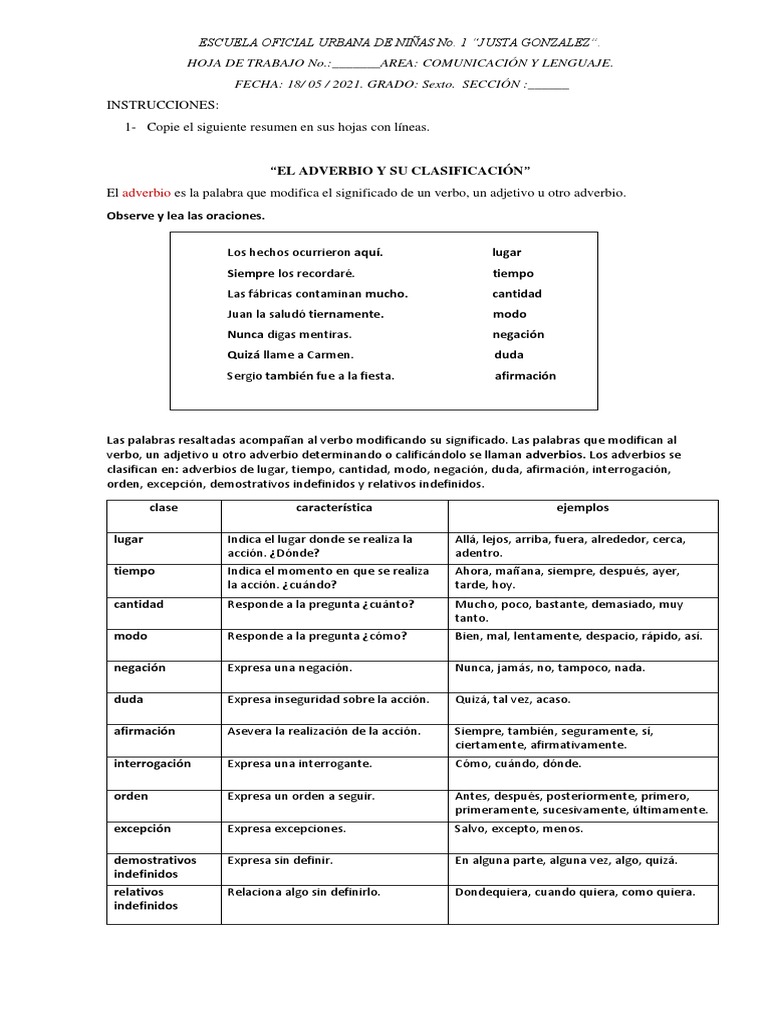 Hoja de Trabajo: Adverbios en Lenguaje | PDF | Adverbio | Morfología