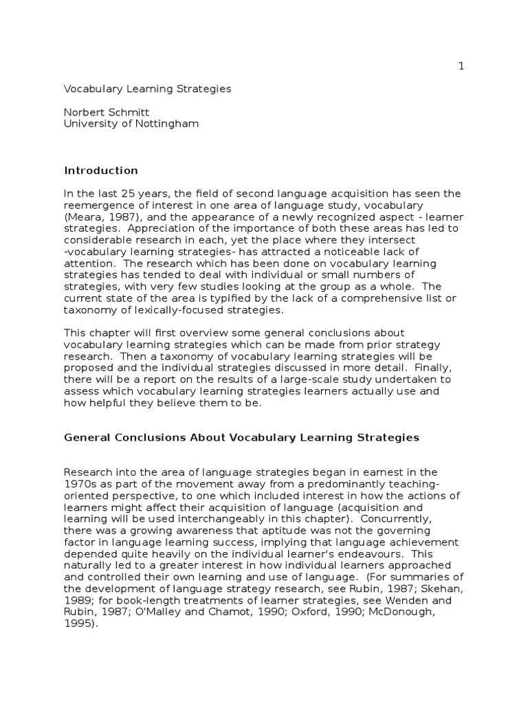 Schmitt N 1997 Vocabulary Learning Strategies in Schmitt N and Mccarthy ...