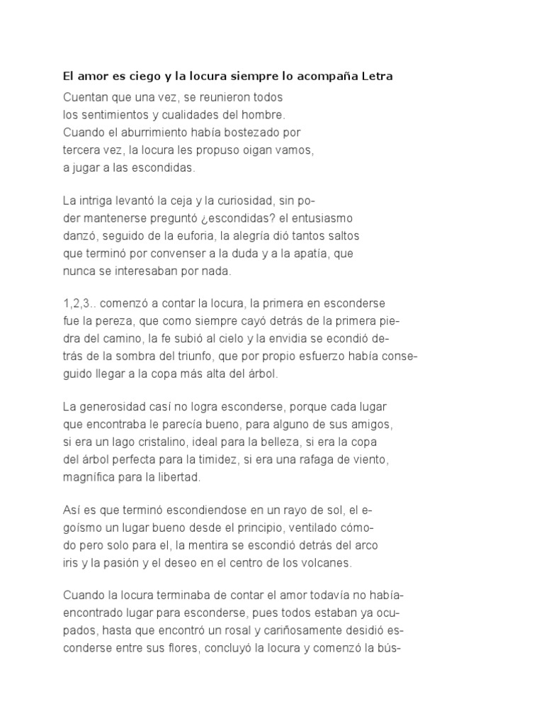 El Amor Es Ciego y La Locura Siempre Lo Acompaña Letra | PDF | Amor