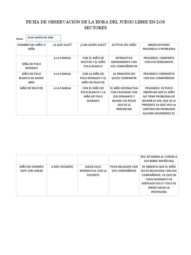 Ficha de Observación de La Hora Del Juego Libre en Los Sectores | PDF ...