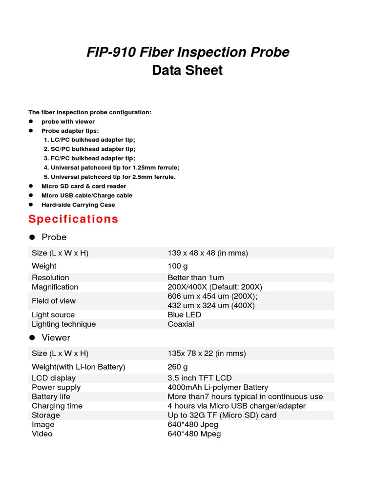 FIP910 Fiber Inspection Probe Data Sheet PDF