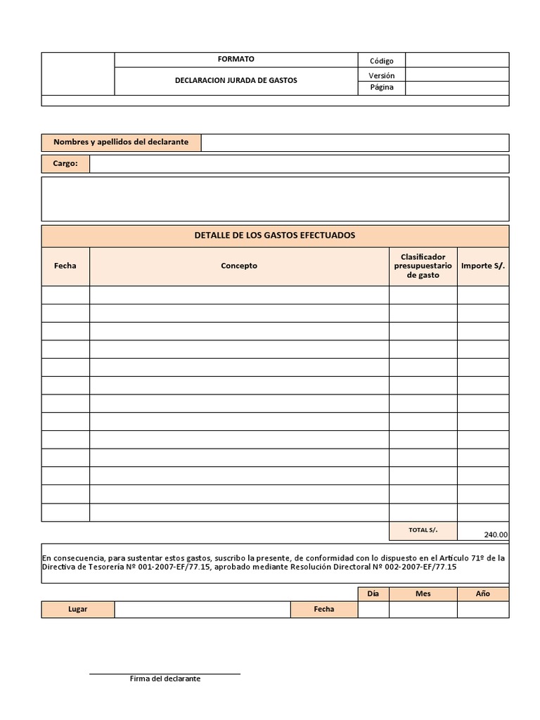 Modelo de Declaración Jurada de Gastos | PDF | Finanzas y dinero