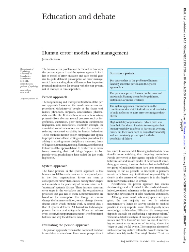 Reason, J (2000) - Human Error - Model and Management | PDF ...