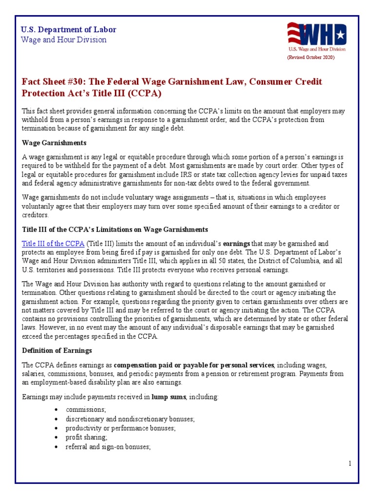 Fact Sheet 30 The Federal Wage Garnishment Law, Consumer Credit