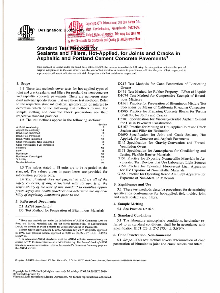 ASTM D532909 Standard Test Methods For Sealants and Fillers, Hot