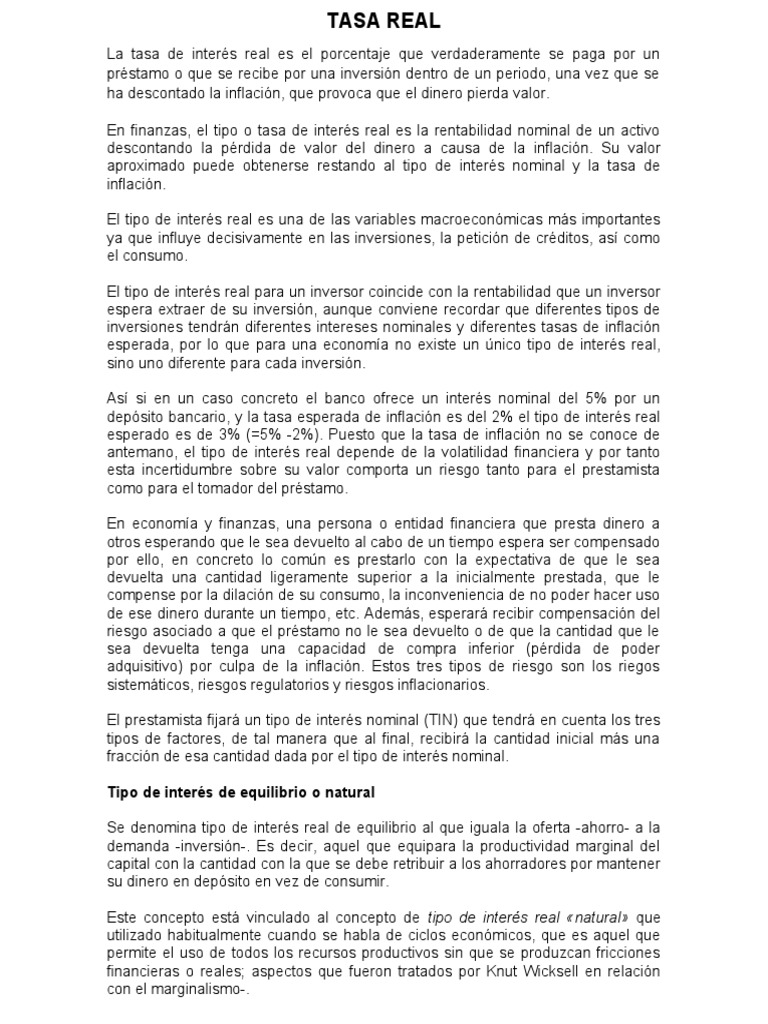 Tasa de Interés Real: Definición y Cálculo | PDF | Tasa de interés real ...
