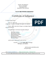 Certificate of Indigence: Office of The Punong Barangay