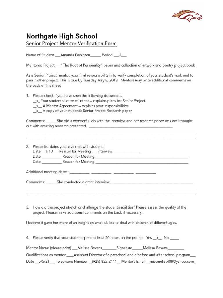 Amanda Dahlgren - 2021 Mentor Verification Form | PDF