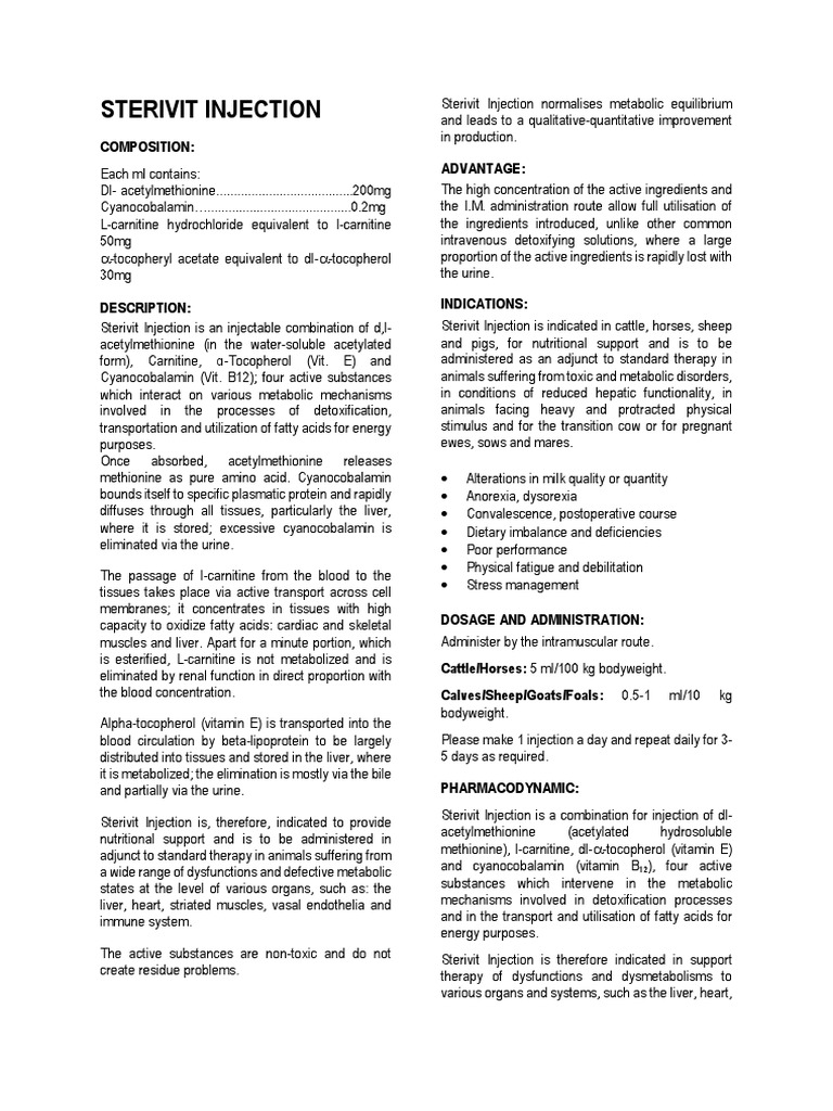 Sterivit Injection: Composition: Advantage | PDF | Liver | Medical ...