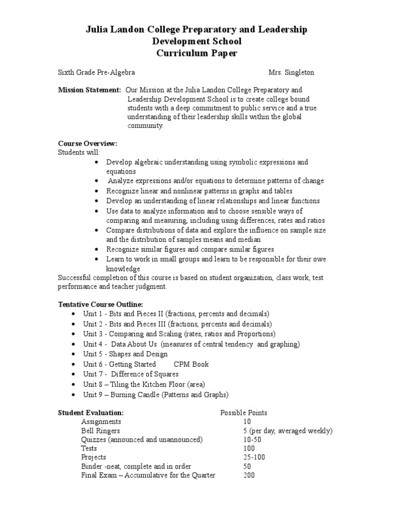 Curriculum Paper Outline- 6th grade gifted doc | Homework | Teachers