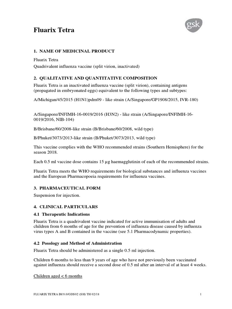 Fluarix Tetra: Quadrivalent Flu Vaccine | PDF | Influenza Vaccine ...